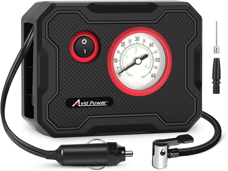 AVID POWER 12V Tire Inflator Portable Air Compressor, Portable Car Air Pump w/Display Gauge and LED Light, Air Pump for Car Tires, Bike, Motorcycle, Compact, Lightweight (Red) - Image 1